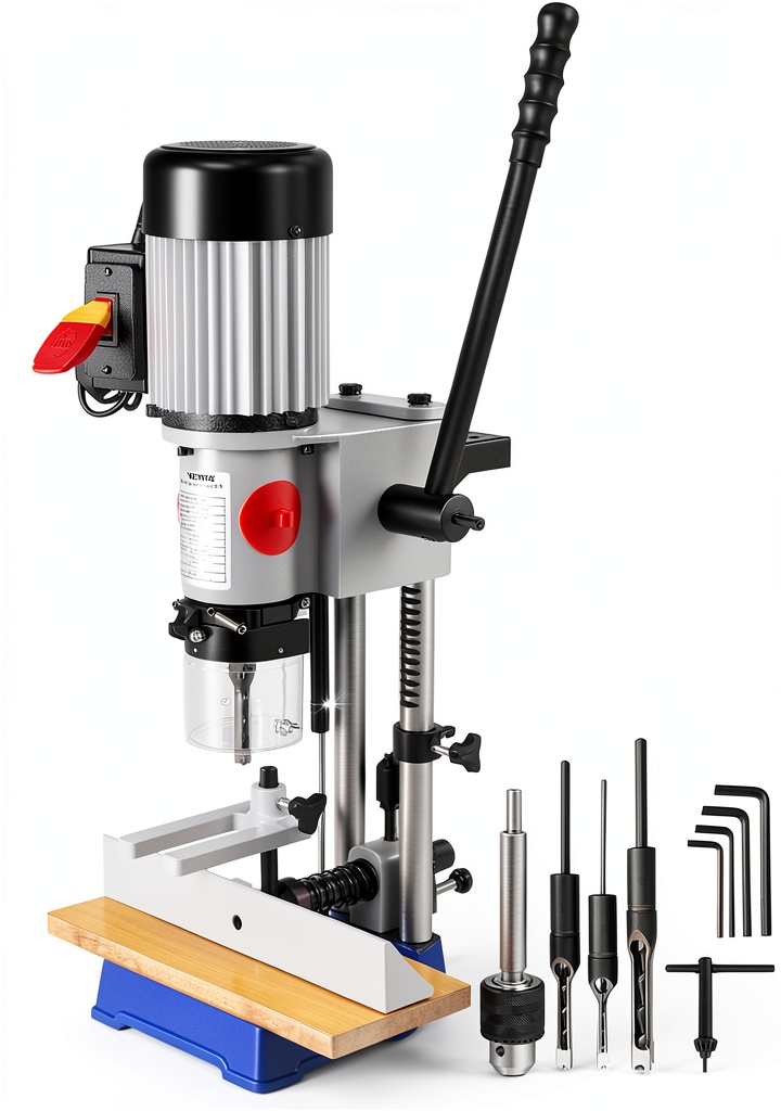 VEVOR bench mortiser on a workshop bench