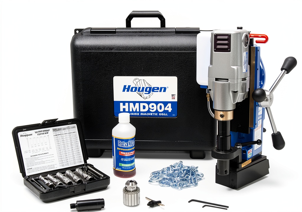 Installing Hougen HMD904 magnetic drill press on a steel workbench in a cramped shop